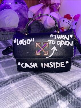 Off-White Designer Black Crossbody Bag with White Graphic Print